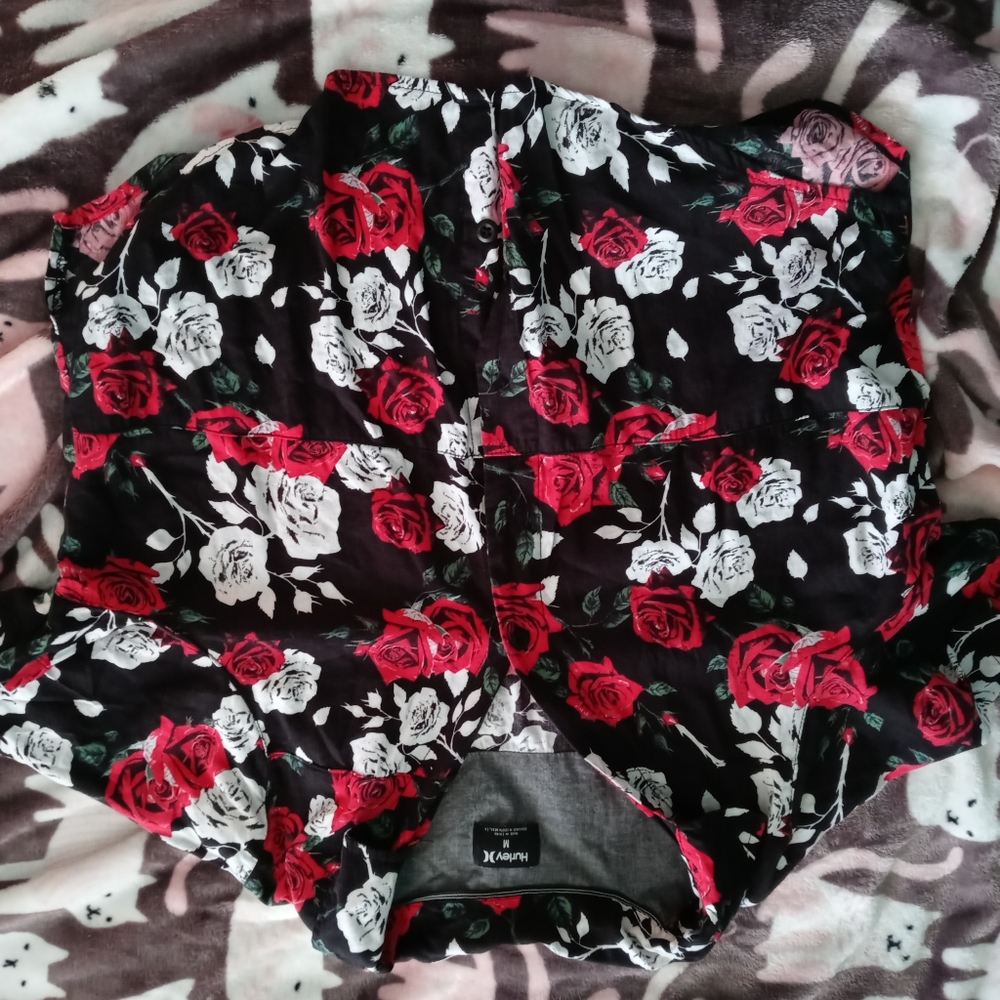 Red and White Rose Button Up